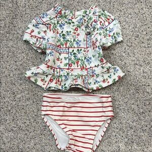 Janie and Jack White Floral & Red Stripe Two-Piece Swim Set